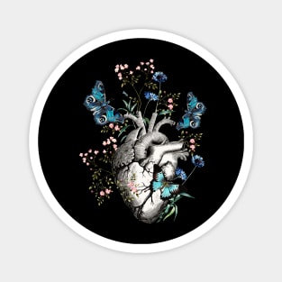 Human heart anatomy with blue butterflies and flowers, floral art of human heart Magnet